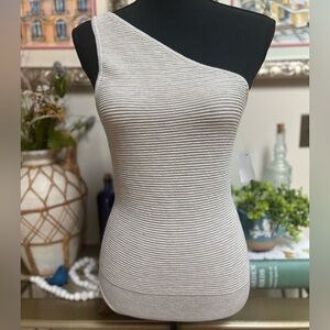 ABERCROMBIE & FITCH ONE SHOULDER RIBBED KNIT BEIGE THONG STYLE BODYSUIT SZ M